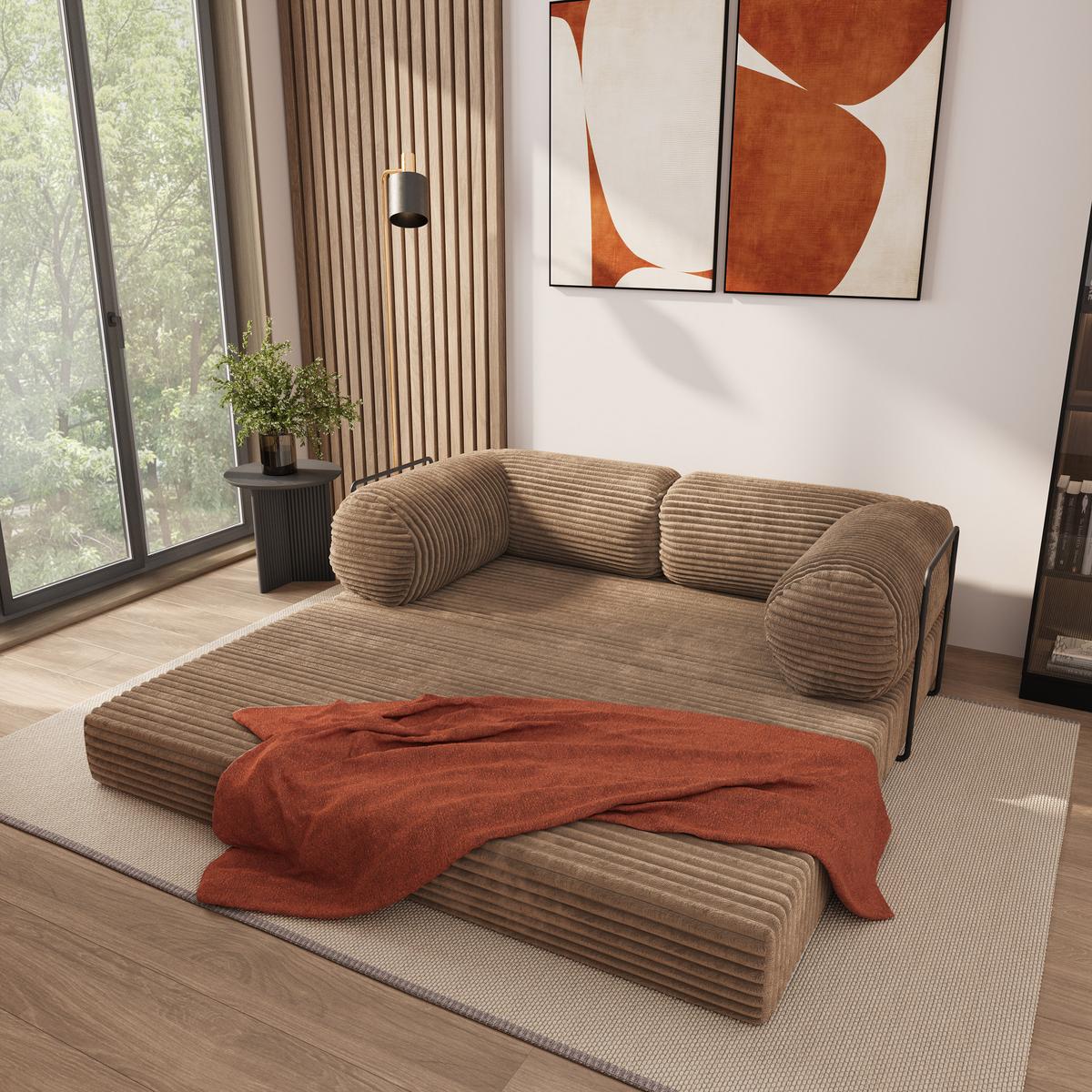 BETTSOFA ALVIO aus Schaumstoff Kordstoff Beige Schlaffunktion - Beige, Textil (170/68/80cm) - MASSENO