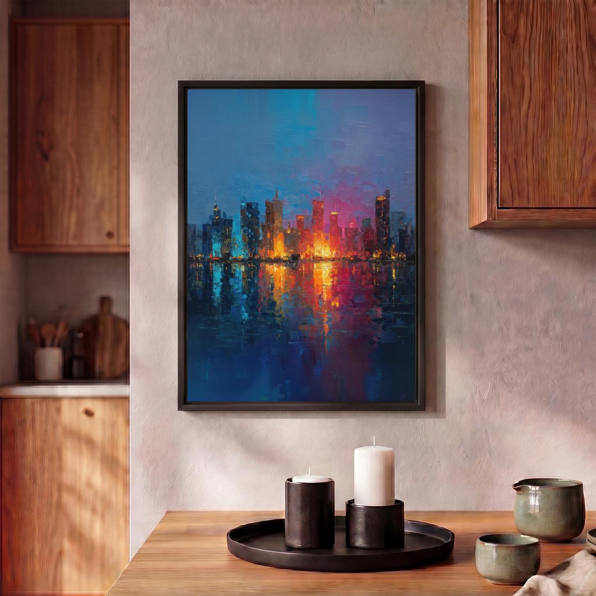 LEINWAND Bilder mit Rahmen - Skyline - Pinselstriche - Dunkelblau - Leuchtend - 30x40 - Blau, Textil (30/40cm) - MuchoWow