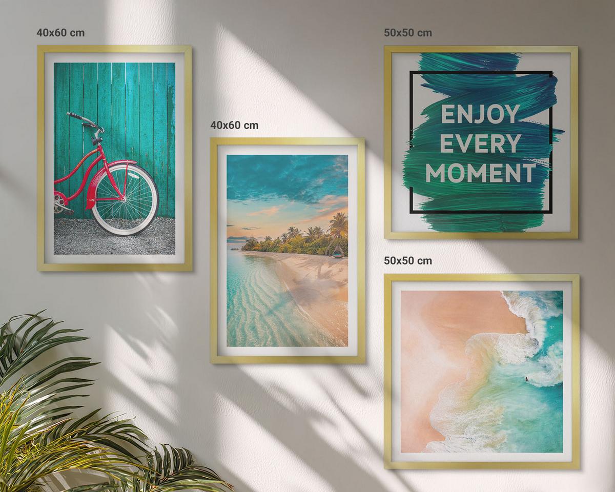 BILDER SET 4er Set - 50x50 cm & 40x60 cm Goldrahmen - Inspiration für ein Fahrrad mit Seeboot - Goldfarben, Kunststoff (50/50cm) - TULUP