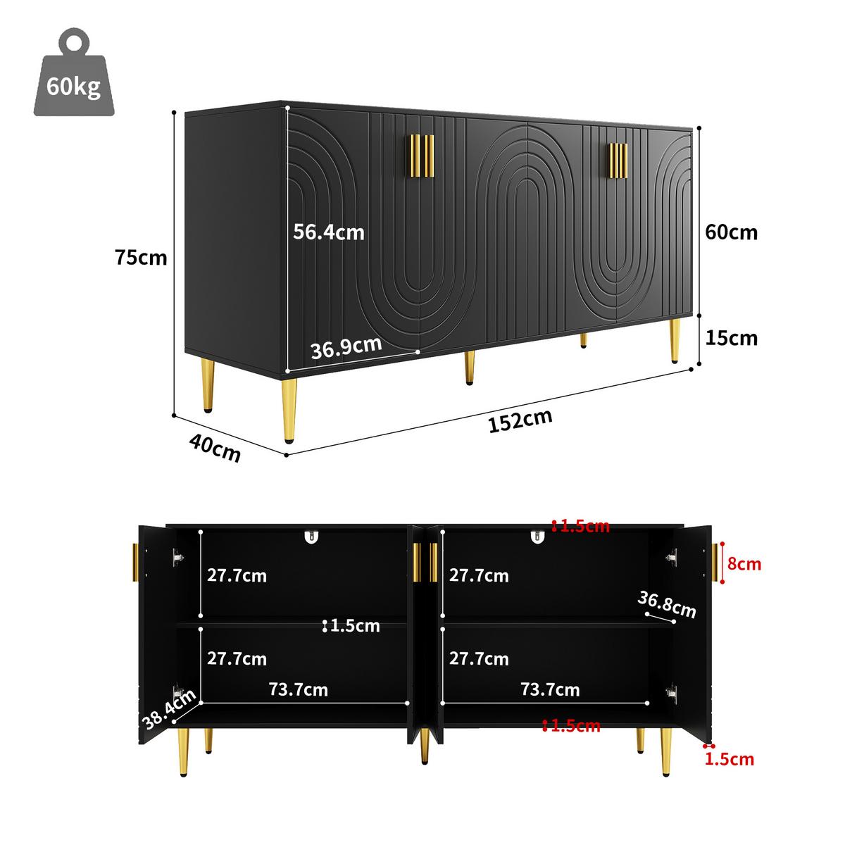 SIDEBOARD Wellenfront mit goldenen Griffen & Füßen Schwarzes - Schwarz, Holzwerkstoff (152/75/40cm) - Urban Meuble