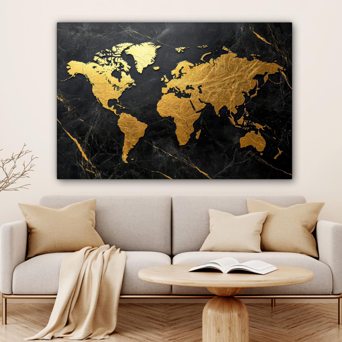 LEINWANDBILD Weltkarte - Gold - Marmor Groß 140x90 cm - Goldfarben, Textil (140/90cm) - MuchoWow