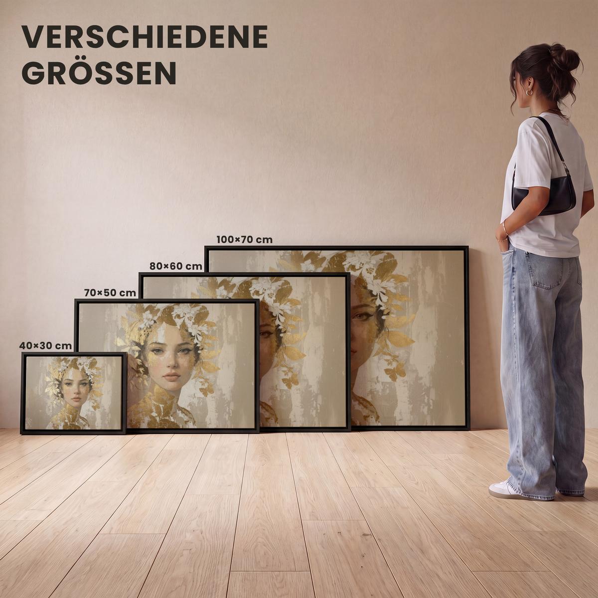 LEINWAND Bilder mit Rahmen - Gesicht - Frau - Blätter - Gold - 70x50 - Beige, Textil (70/50cm) - MuchoWow