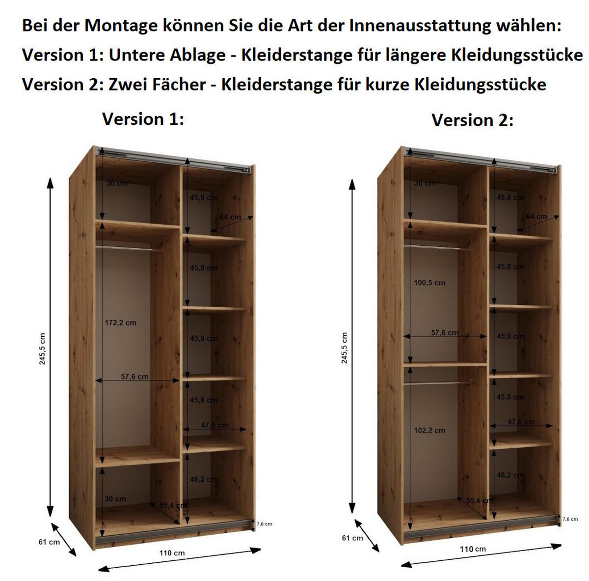 SCHWEBETÜRENSCHRANK 245,5/110/64 2-türig - Silberfarben/Weiß, Holz/Metall (110/245/64cm) - Abiks Möbel