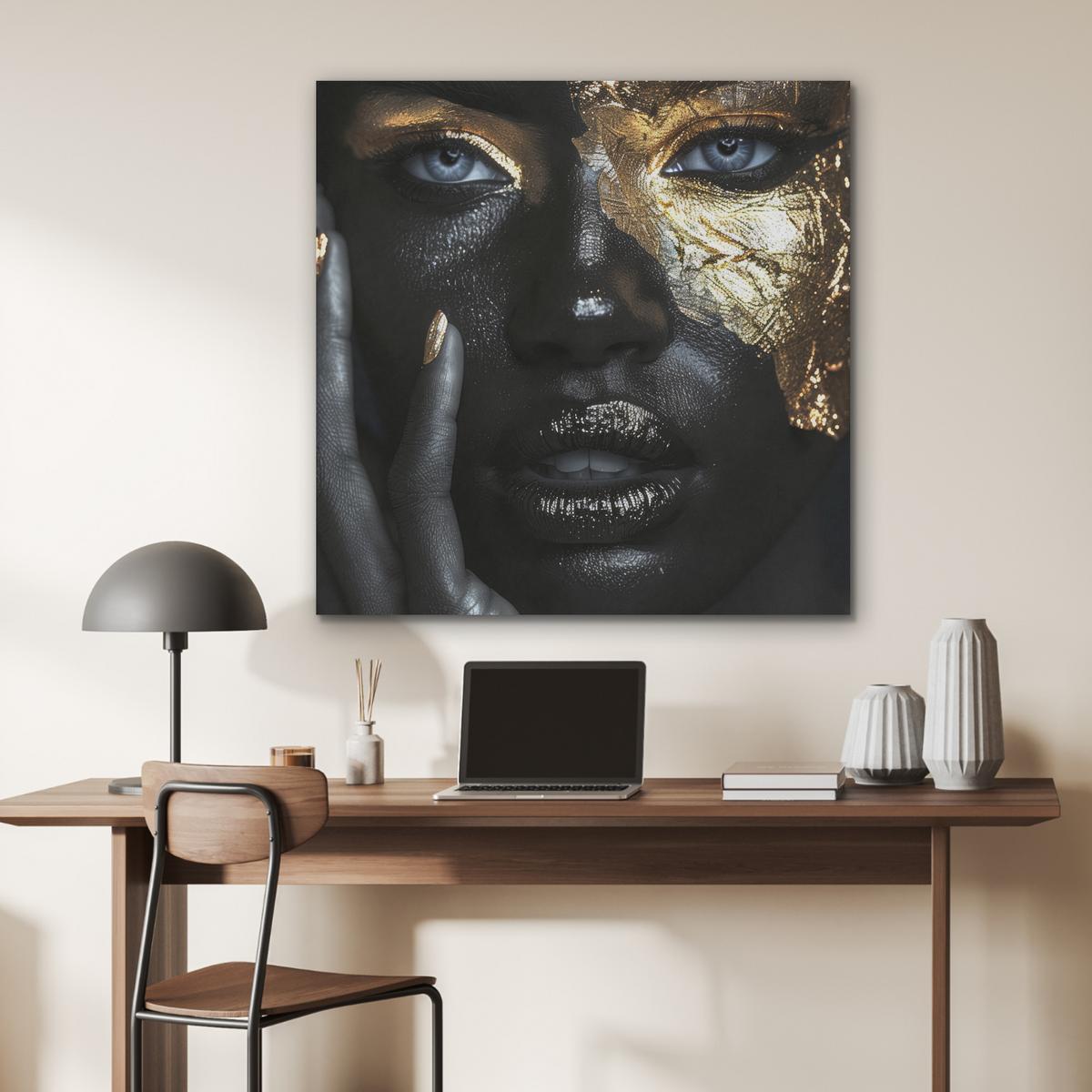 AKUSTIKBILD Frau - Gold - Porträt - Schwarz-Weiß - Luxus Akustikpaneele 90x90 cm - Hellblau, Kunststoff (90/90/0.9cm) - MuchoWow