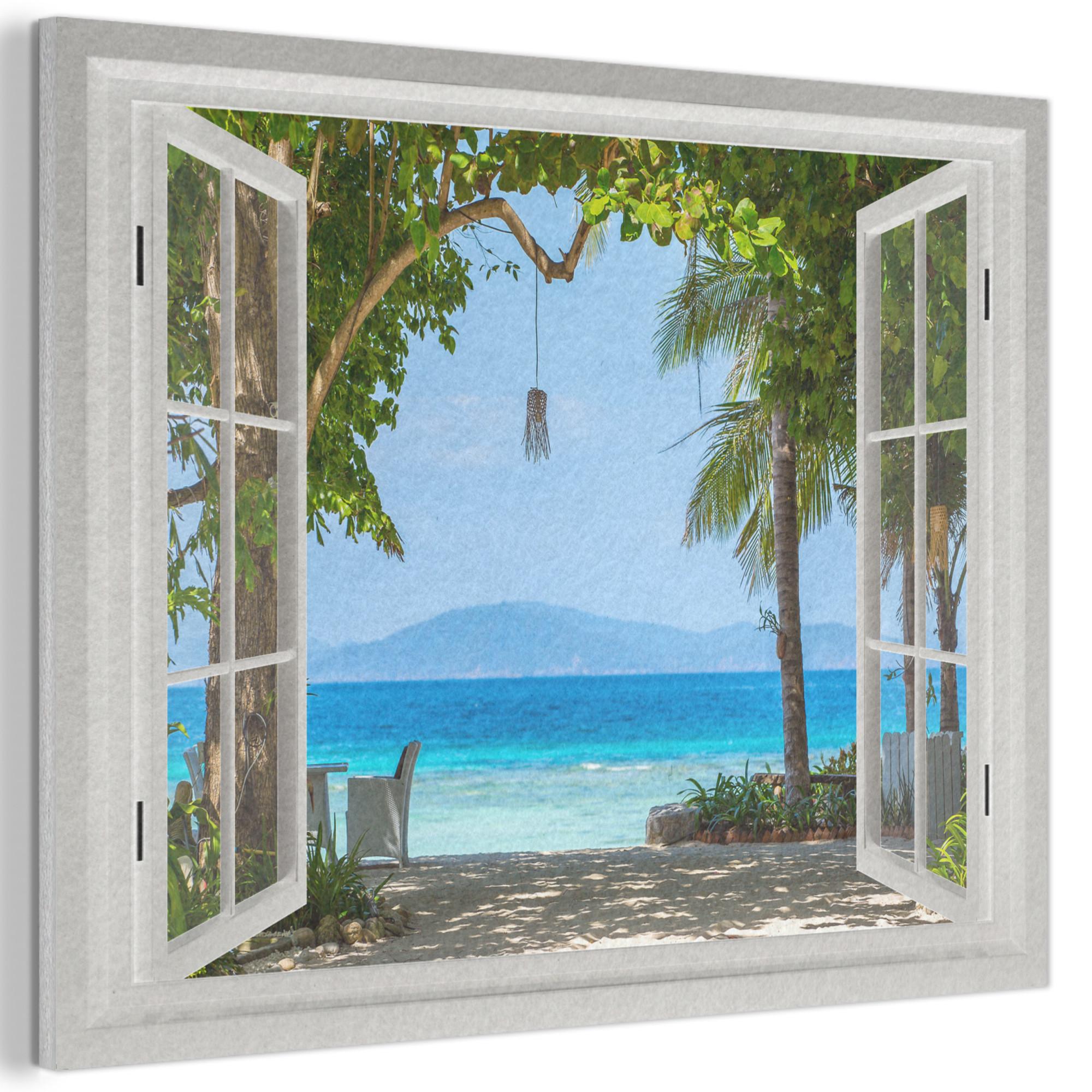 AKUSTIKBILD Aussicht - Baum - Meer - Palme - Hügel - Strand - Blau Wandbild Wohnzimmer 100x70 cm - Blau, Textil (100/70/0.9cm) - MuchoWow