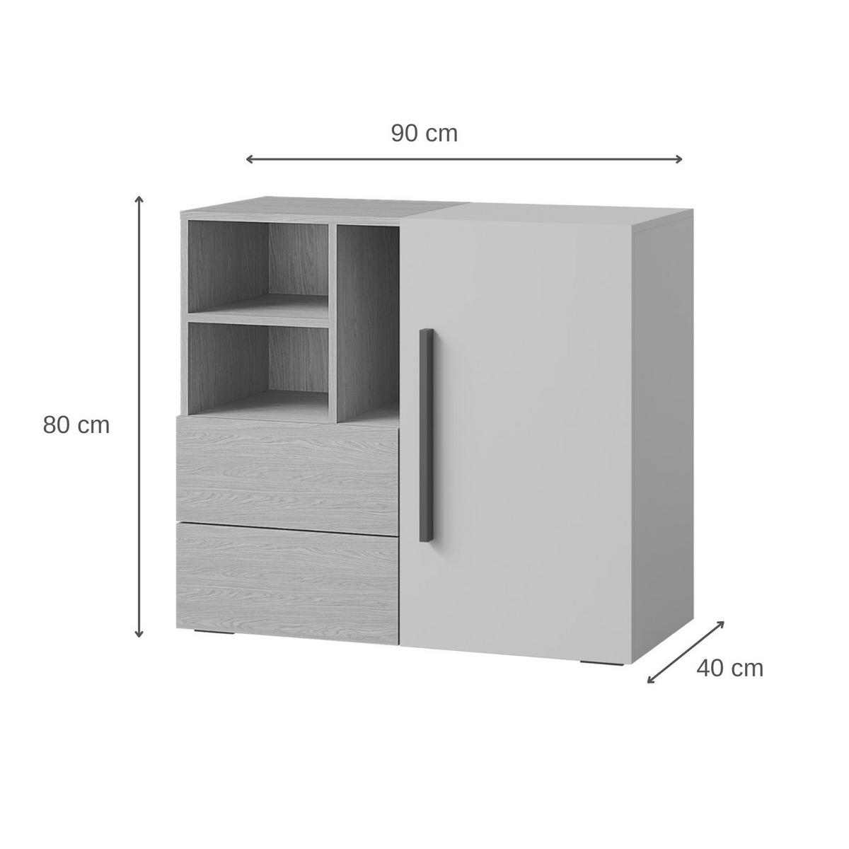 KOMMODE Largo mit 1 Tür, 2 Schubladen und offenen Fächern, 90 cm, für Jugendzimmer, Kaschmir/Frühlings-Eiche - Kaschmir/Eichefarben, Holzwerkstoff (90/80/40cm) - Beautysofa