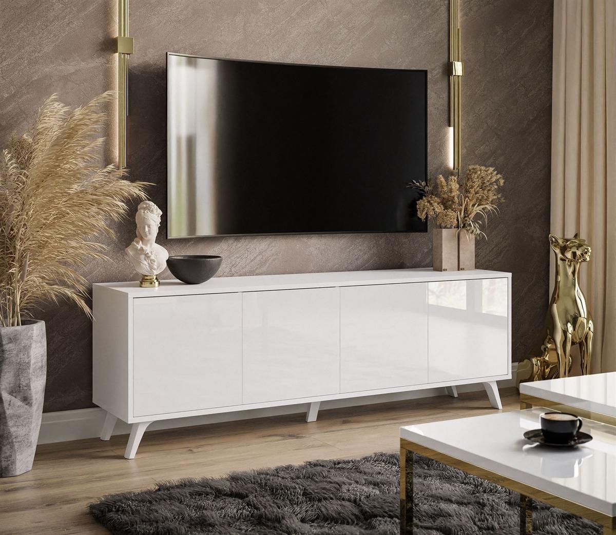 TV-ELEMENT SANAYI auf weißen Beinen Hochglanz Weiß - Weiß Hochglanz, Holzwerkstoff (156/54/38cm) - Lookway
