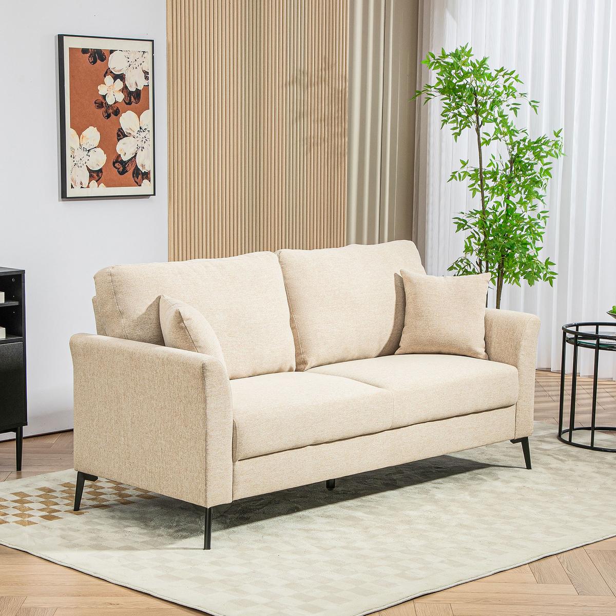 2-SITZER-SOFA, Couch mit Leinenoptik, Metallbeine, Polstersofa Doppelsofa - Beige/Schwarz, Textil/Metall (80/89/179cm) - HOMCOM