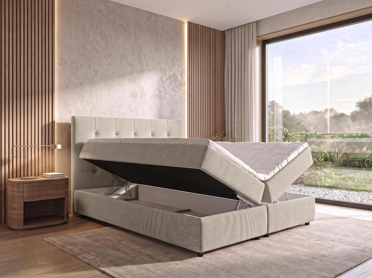 BOXBETT SAKARYA 140x200 cm mit Bettkasten und Matratze - Beige + TOPPER - Beige/Schwarz, Holz/Holzwerkstoff (140/200cm) - AX Living