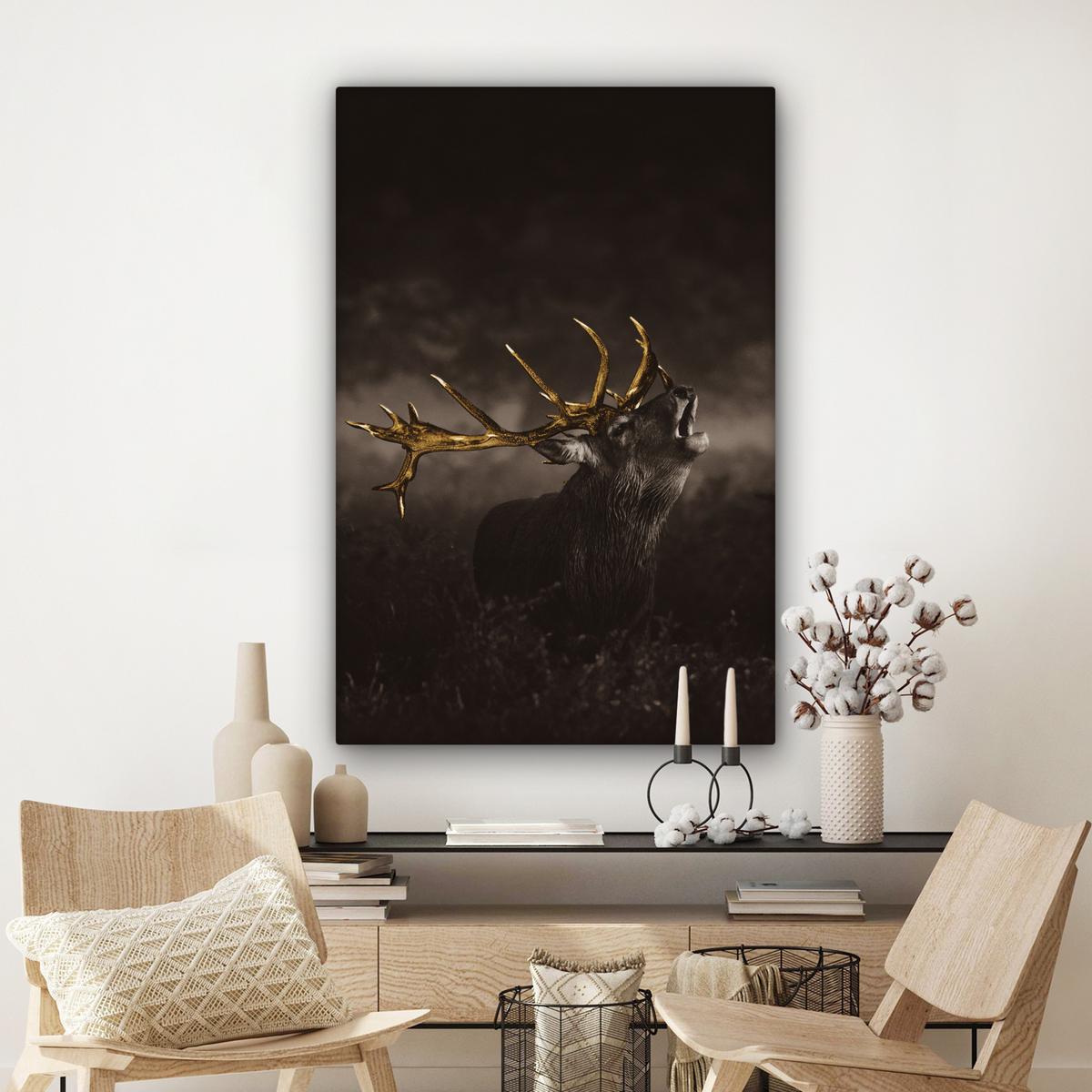 LEINWANDBILD Rotwild - Schwarz - Gold Deko XXL 80x120 cm - Braun, Textil (80/120cm) - MuchoWow