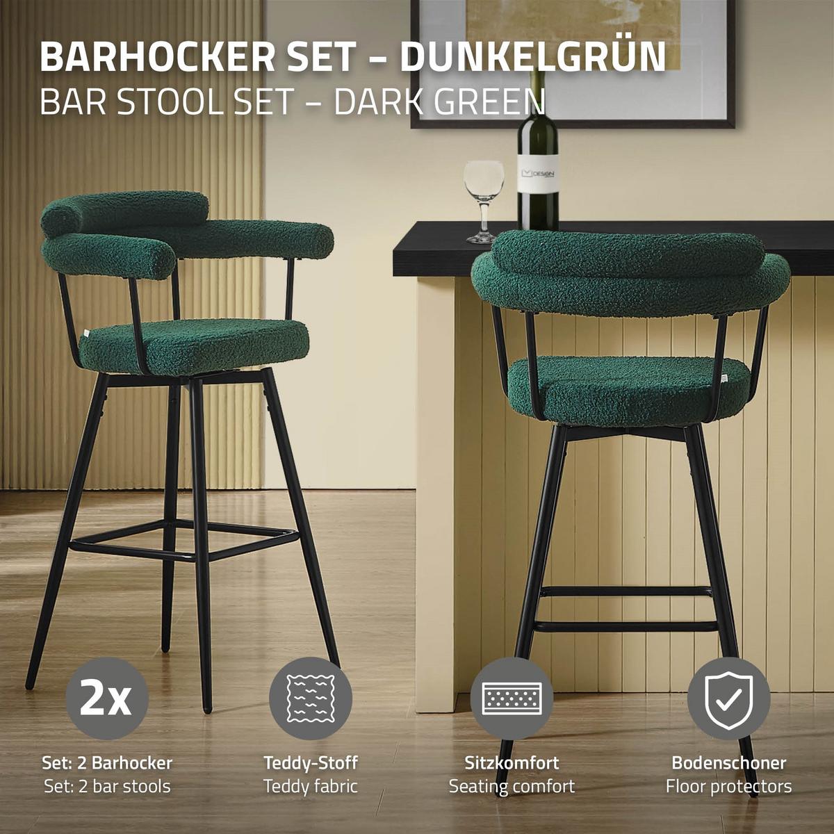 BARHOCKER 2er Set drehbar Dunkelgrün mit Teddy-Stoff 76 cm hoch - Dunkelgrün/Schwarz, Textil/Metall (61/103/55cm) - ML-DESIGN