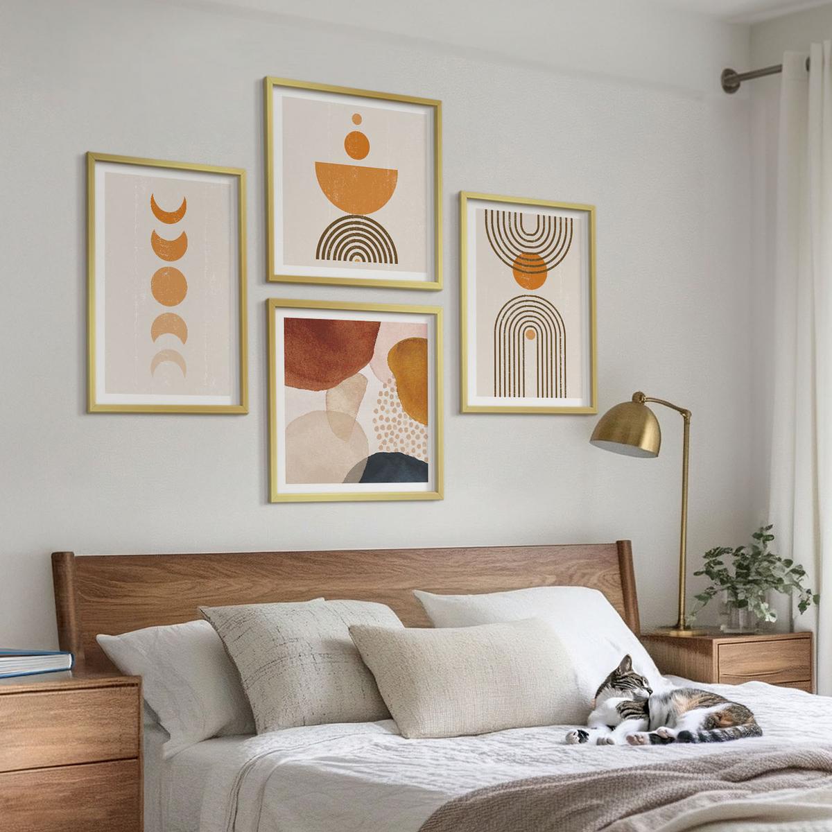 BILDER SET 4er Set - 50x50 cm & 40x60 cm Goldrahmen - Boho-minimalistische Dekorationen - Goldfarben, Kunststoff (50/50cm) - TULUP