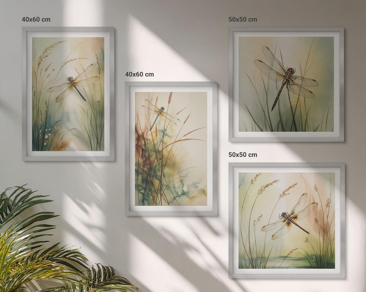 BILDER SET 4er Set - 50x50 cm & 40x60 cm Silberner Rahmen - Libellengräser über dem Wasser - Silberfarben, Kunststoff (50/50cm) - TULUP