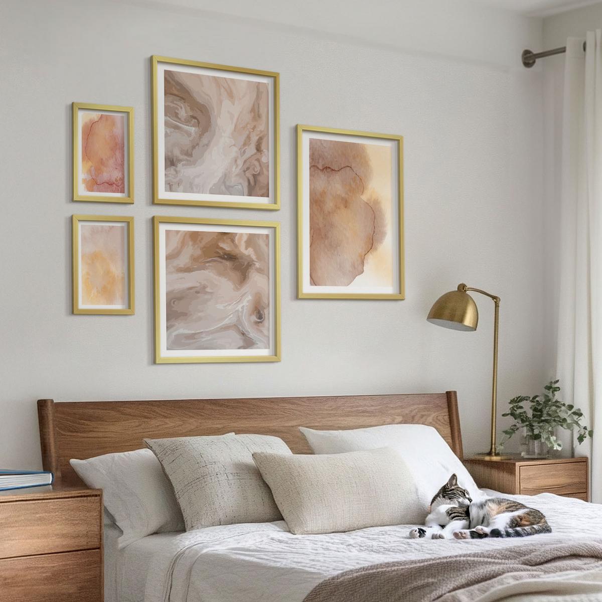 BILDER SET 5er Set - 50x50 cm & 20x30 cm & 40x60 cm Goldrahmen - Warme Aquarellfarben auf Leinwand - Goldfarben, Kunststoff (40/60cm) - TULUP