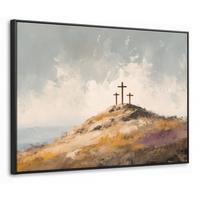 LEINWAND Bilder mit Rahmen - Hügel - Abstrakt - Christentum - Kreuz - 70x50 - Hellgrau, Textil (70/50cm) - MuchoWow