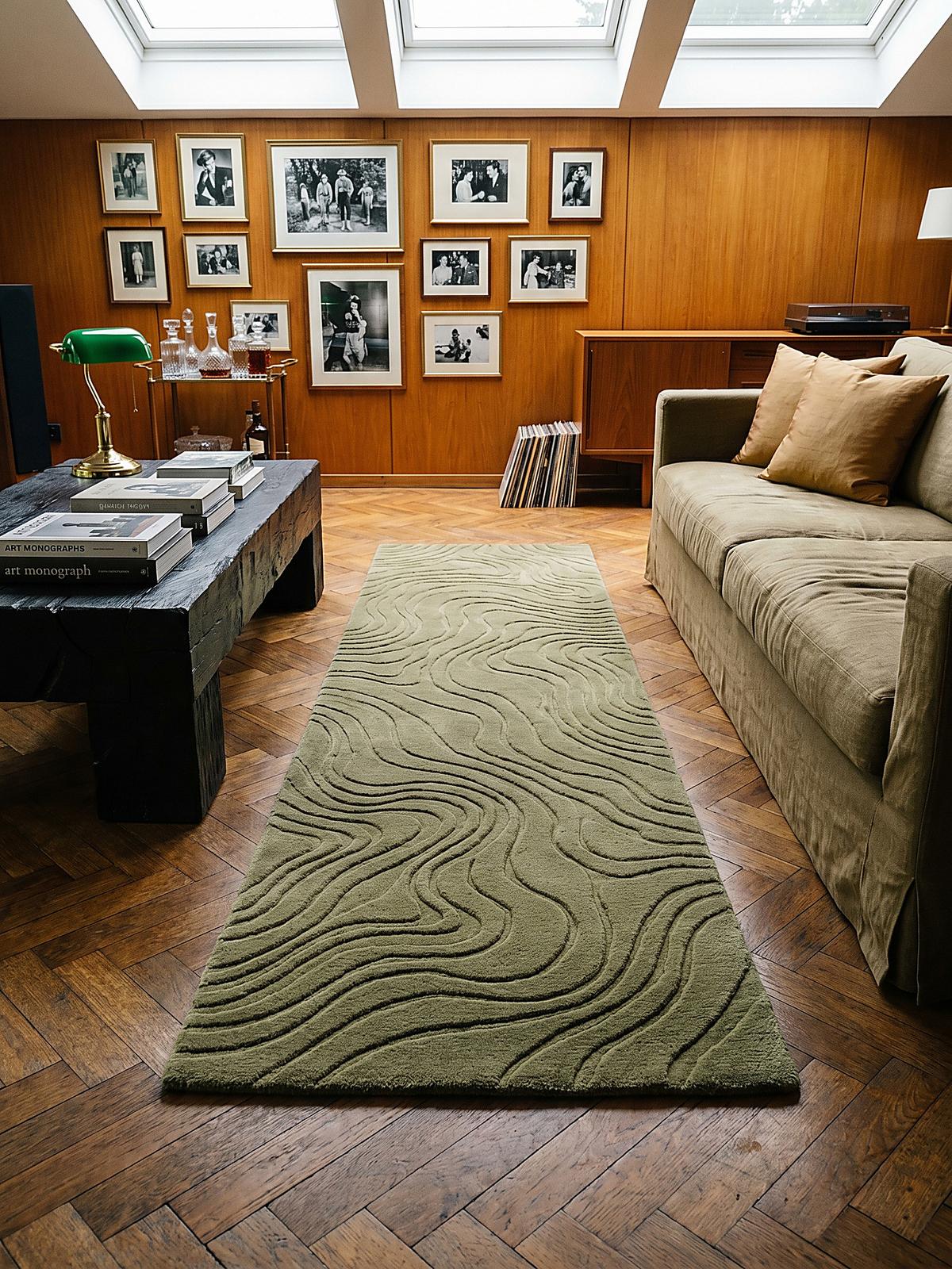 WOLLTEPPICH LEVEN, abstrakt, Olivegrün, 60 x 230 cm - Grün, Textil (230/60cm) - KADIMA DESIGN