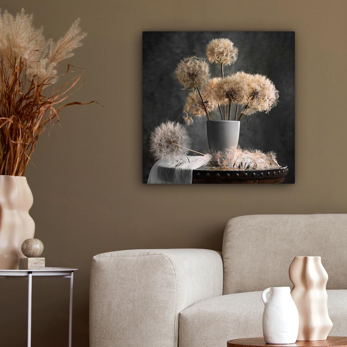 LEINWANDBILD Blumensamen - Löwenzahn - Vase - Stilleben - Blumenstrauß Wandbild Wohnzimmer 50x50 cm - Dunkelgrau, Textil (50/50cm) - MuchoWow