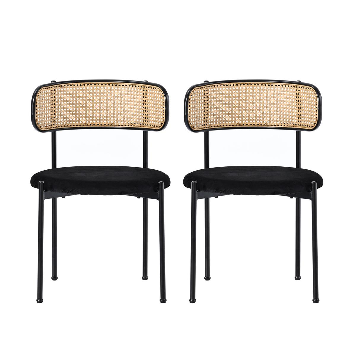 ESSZIMMERSTUHL Set 2er Schwarz Samt & Rattan Polsterstuhl mit Metallbeinen - Schwarz, Textil (51/75/51cm) - Urban Meuble