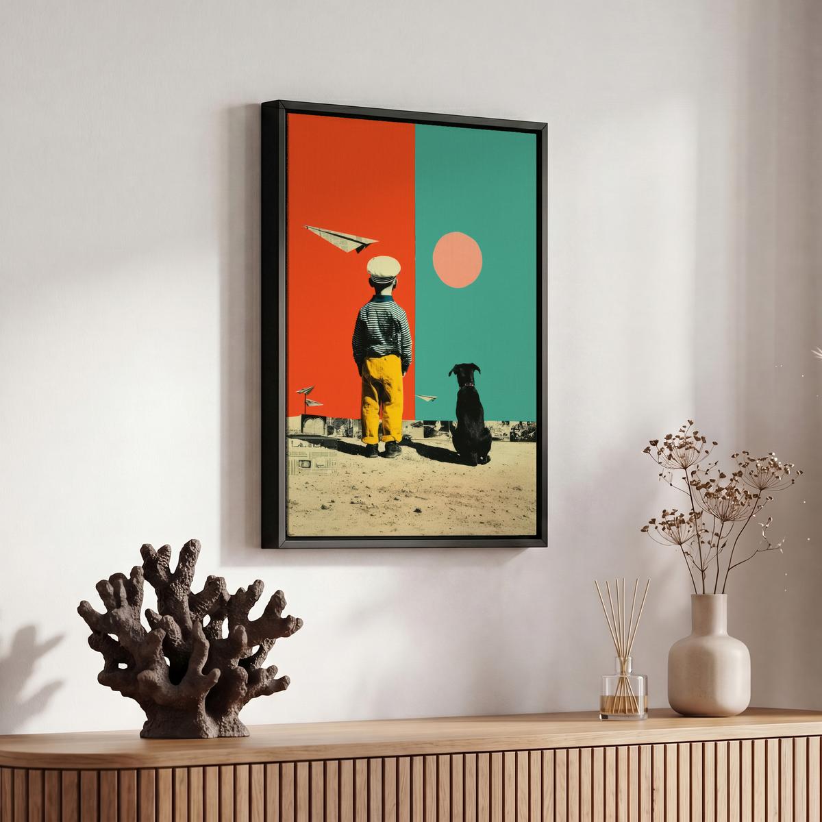 LEINWAND Bilder mit Rahmen - Retro - Junge - Hund - Rot - Grün - 20x30 - Orange, Textil (20/30cm) - MuchoWow