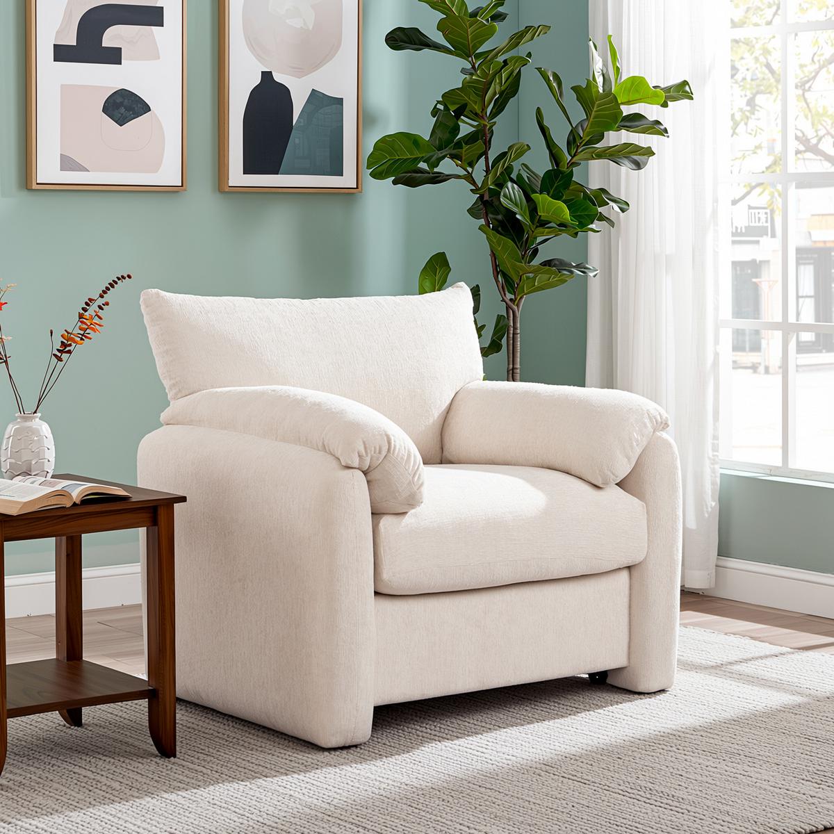 SESSEL Chenille Beige 96 cm Lounge Sessel mit Armlehnen und breiter Sitzfläche für Wohnzimmer - Beige, Textil (96/84/82cm) - Urban Meuble