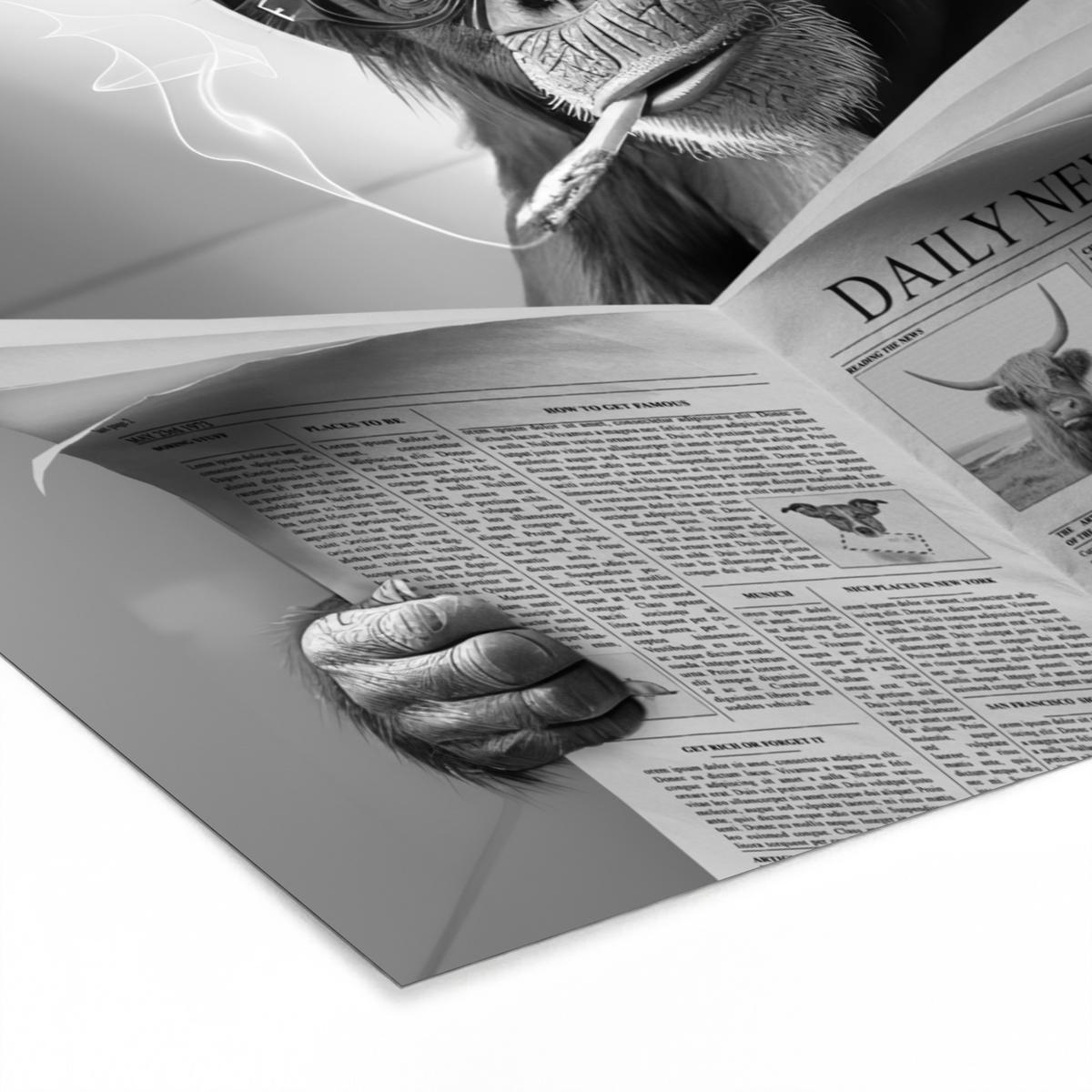 POSTER MIT RAHMENGERAHMTES BILD Affe - WC - Zeitung - Schwarz-Weiß - Humor 80x60 cm - Hellgrau, Papier (80/60cm) - MuchoWow