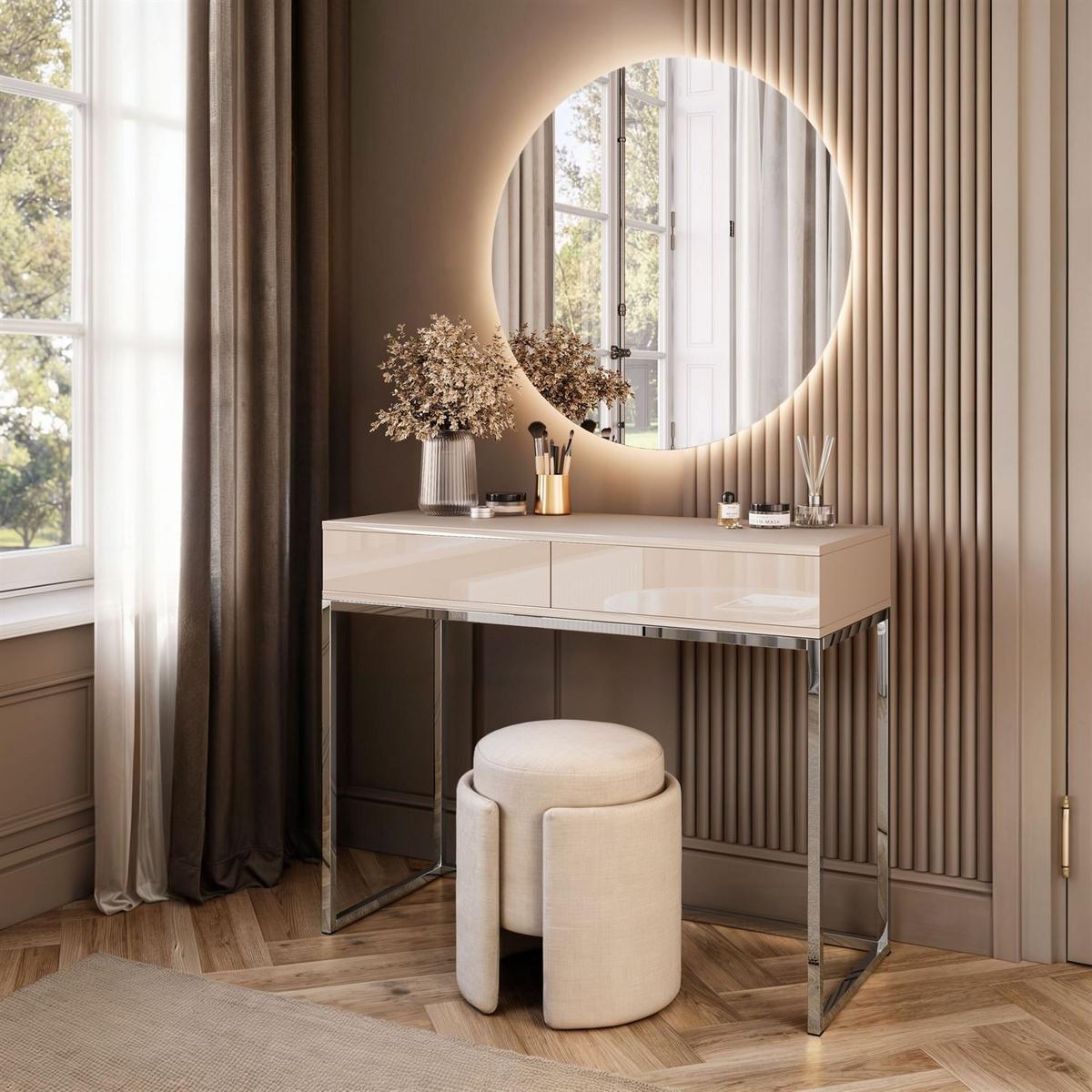 SCHMINKTISCH Blanco Glamour auf verchromtem Gestell mit LED-Spiegel PUSH OPEN - Kaschmir/Goldfarben, Holzwerkstoff (100/81/42cm) - Lookway