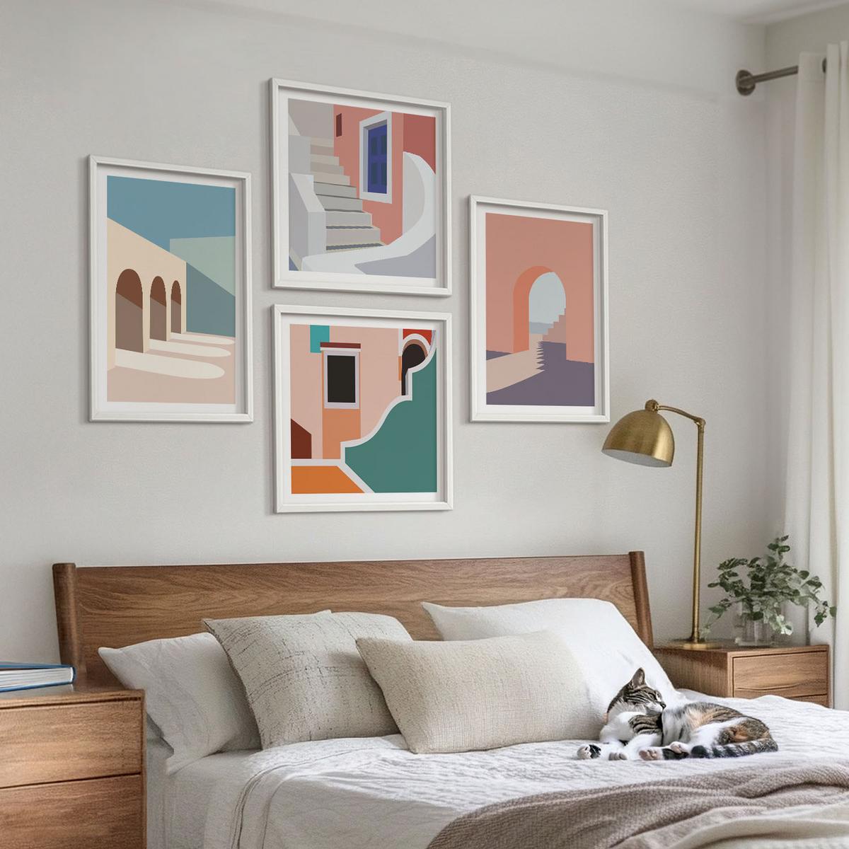 BILDER SET 4er Set - 50x50 cm & 40x60 cm Weißer Rahmen - Minimalistische Pastellgrafiken - Weiß, Kunststoff (50/50cm) - TULUP