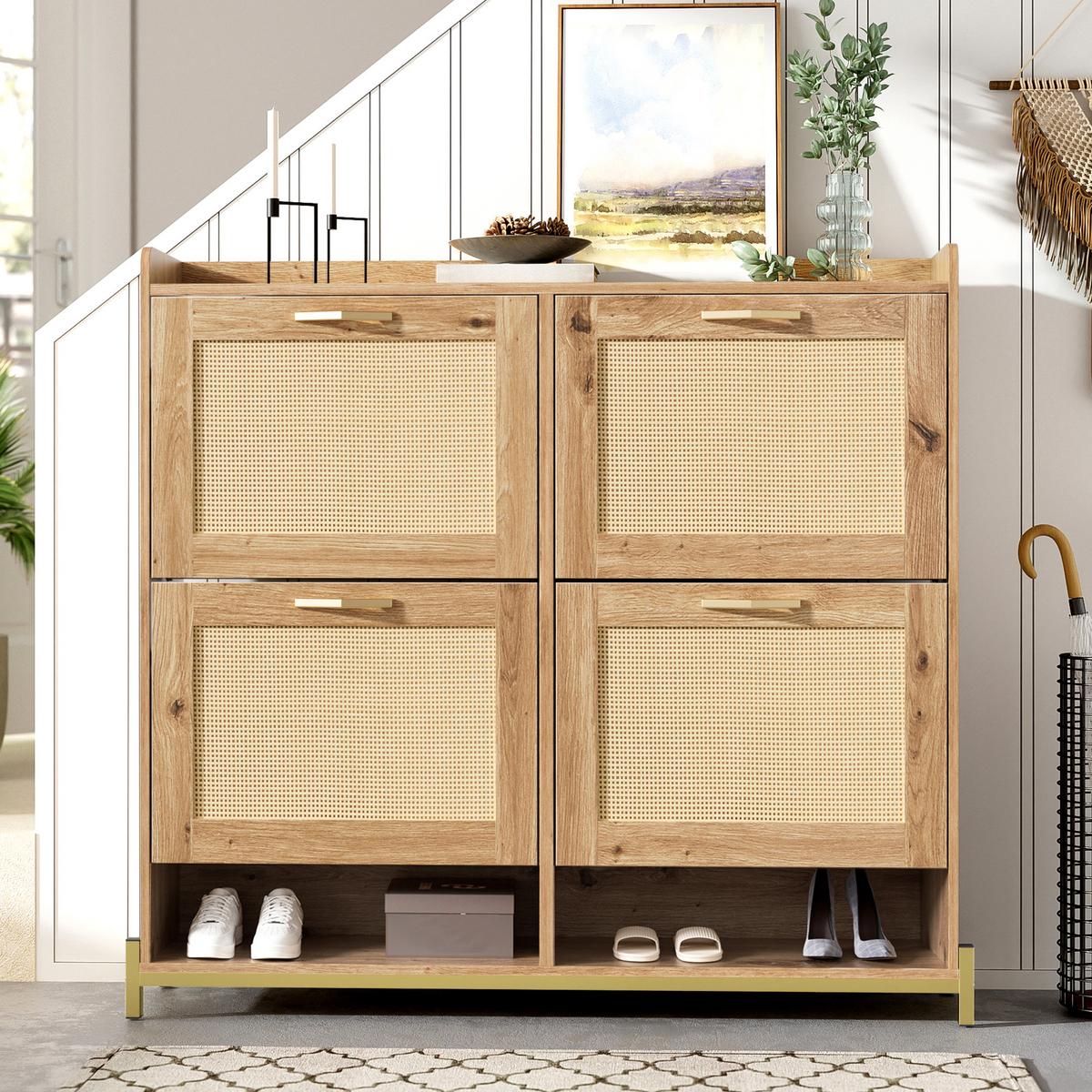 SCHUHSCHRANK aus Holz mit Rattantüren - Hellbraun, Holzwerkstoff (24/100/108cm) - Urban Meuble