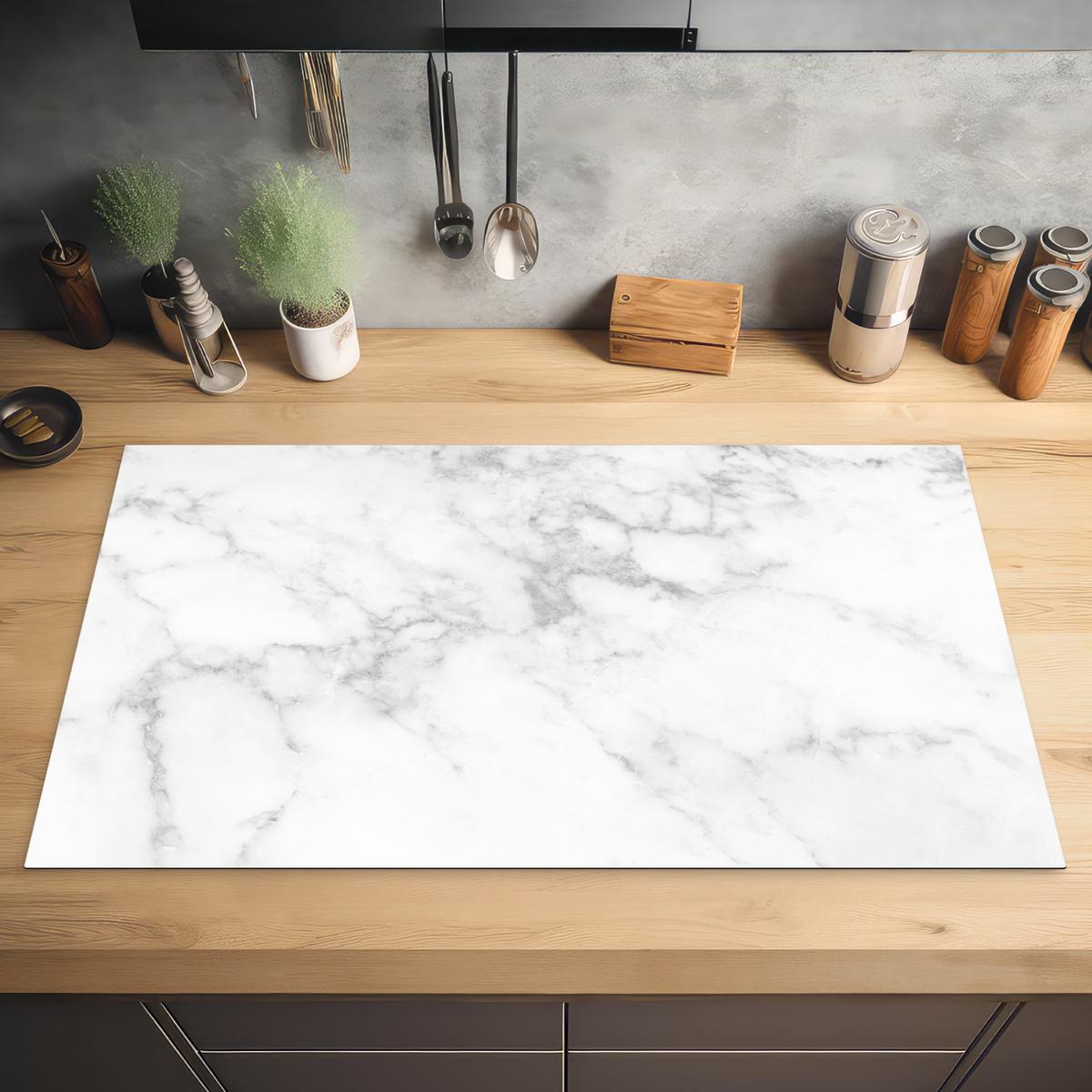 HERDABDECKPLATTE Marmor - Grau - Weiß - Strukturierter Marmor Induktionsschutz 89.6x51.6 cm - Weiß, Kunststoff (89.6/51.6/0.2cm) - MuchoWow