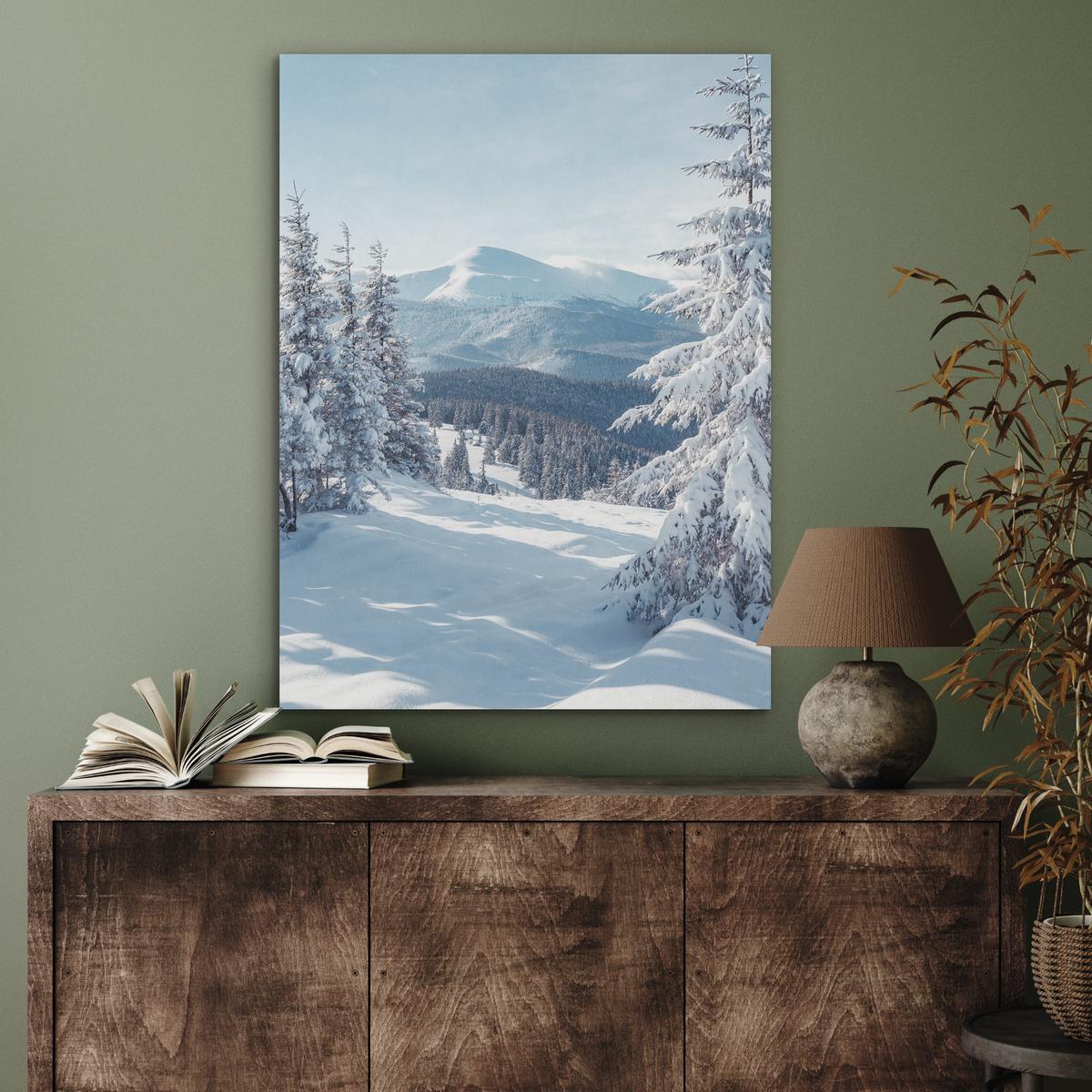 AKUSTIKBILD Winterlandschaft - Natur - Berge - Bäume - Schnee Wandbilder 60x80 cm - Hellblau, Kunststoff (60/80/0.9cm) - MuchoWow