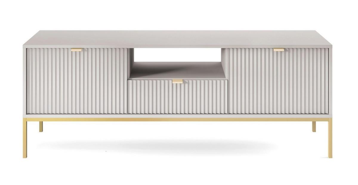 LOWBOARD Eternas 2T 1S Grau 154/56/39 cm – goldene Füße, mit geriffelten Fronten und offener Ablage - Goldfarben/Grau, Holzwerkstoff (154/56/39cm) - AX Living