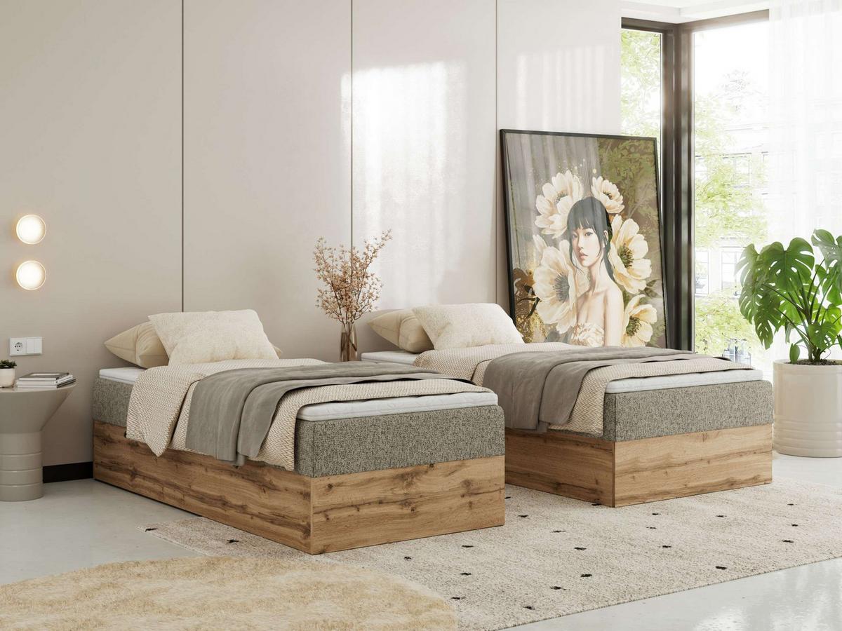 BOXBETT WOOD ZERO 90/200 - Dunkelbeige Struktur - H4 - Topper T25 - Cappuccino, Textil (90/200cm) - MKS