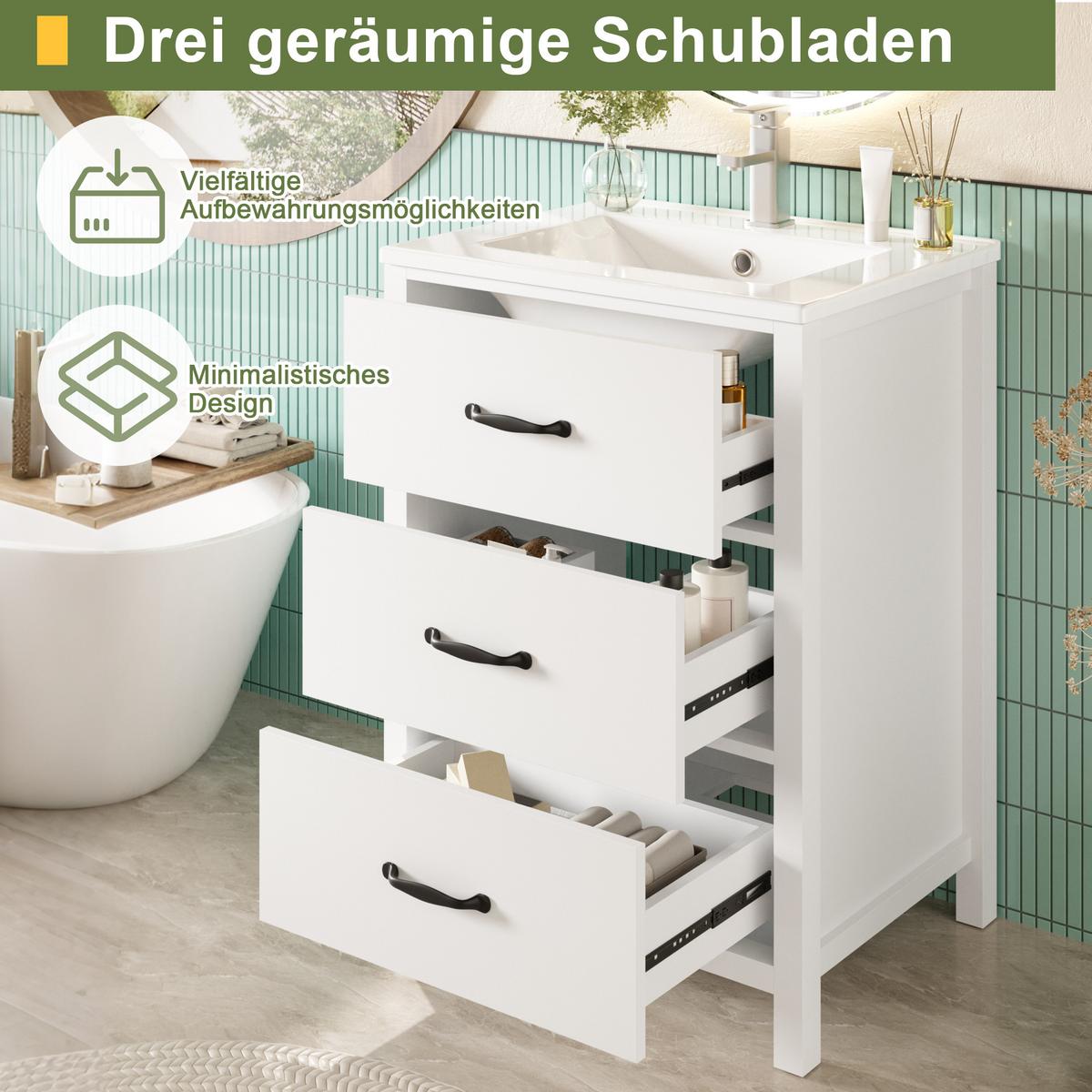 WASCHTISCH Freistehend Weiß mit Keramikbecken & 3 Schubladen - Weiß, Holzwerkstoff (61/83/47cm) - Urban Meuble