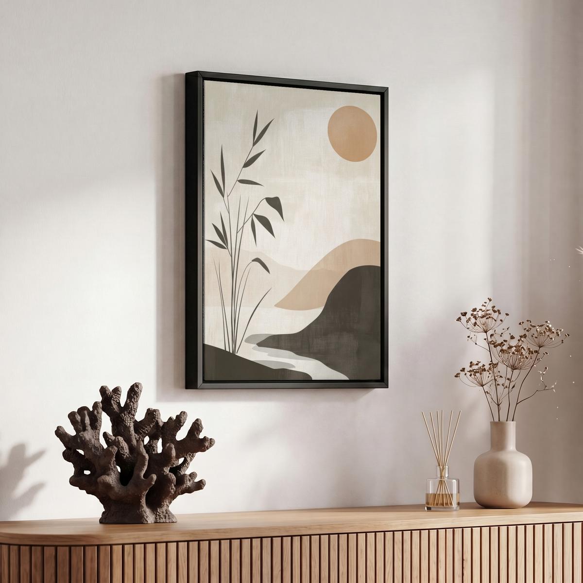 LEINWAND Bilder mit Rahmen - Japandi - Landschaft - Beige - 20x30 - Cognac, Textil (20/30cm) - MuchoWow