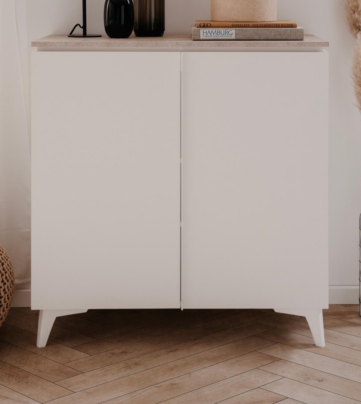 KOMMODE weiß mit Sandstein 88 x 92 cm, Anrichte 2-türig - Sandfarben/Weiß, Holzwerkstoff/Kunststoff (88/92/40cm) - Furn.Design