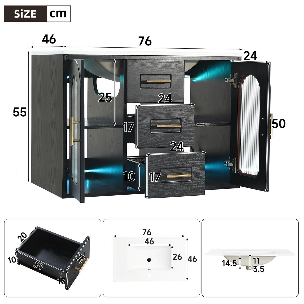 WASCHTISCHUNTERSCHRANK Wandhängend Schwarz mit LED, geriffeltem Glas & Schubladen - Schwarz, Holzwerkstoff (76/55/46cm) - Urban Meuble