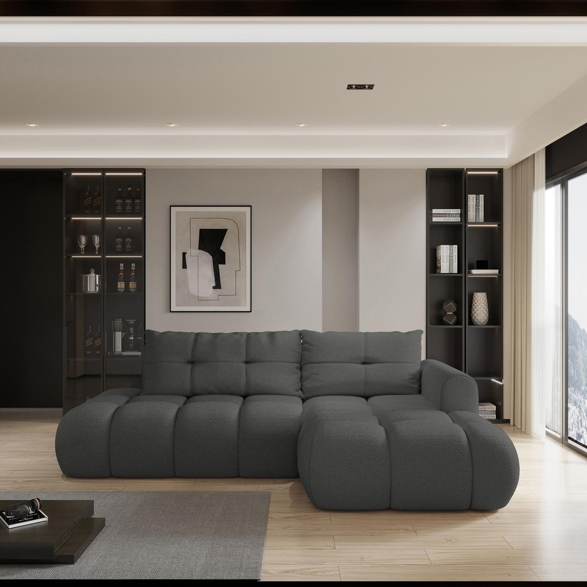 ECKSOFA FLUMA R-S Grau Boucle-Stoff mit Schlaffunktion - Grau, Holz (279/158cm) - MASSENO
