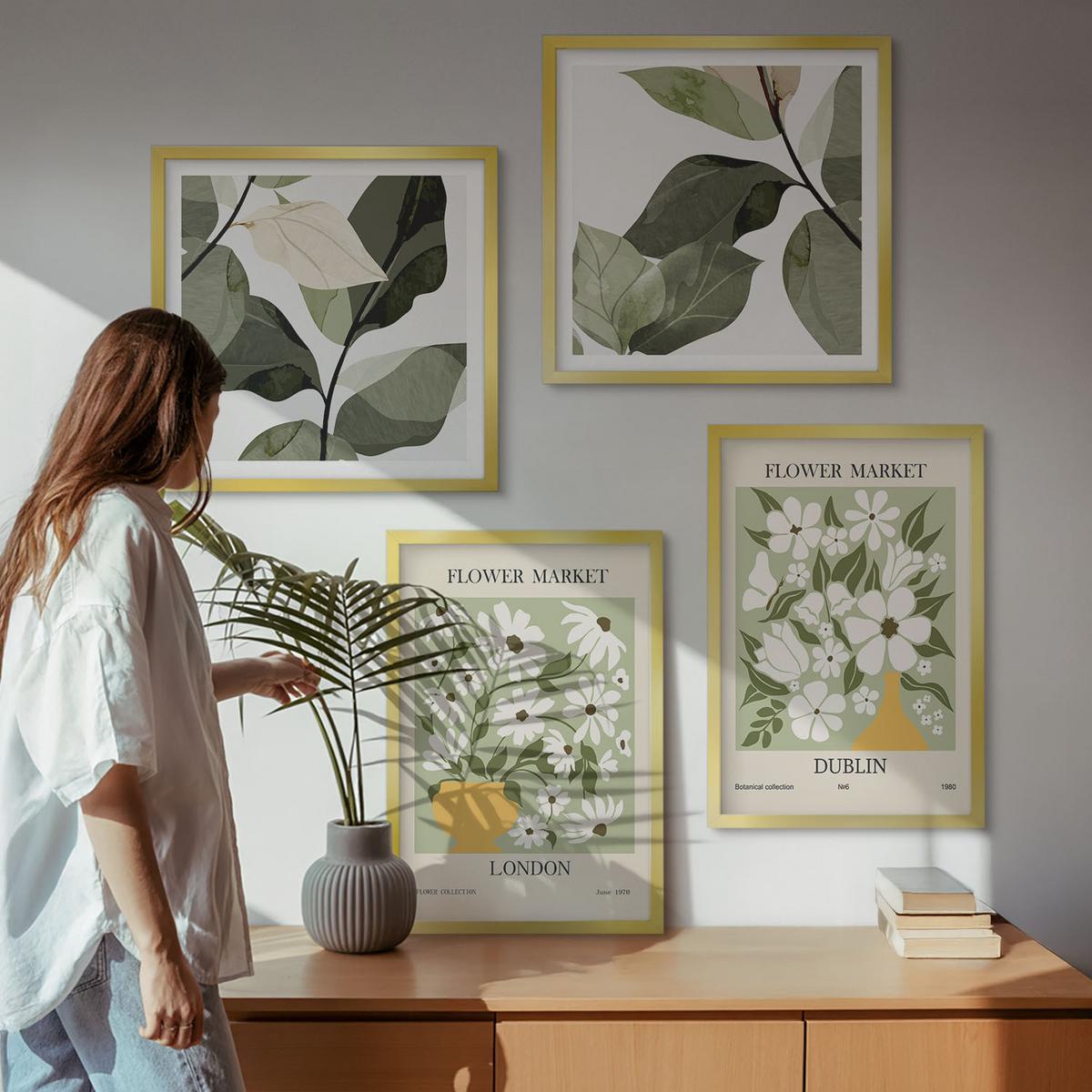 BILDER SET 4er Set - 50x50 cm & 40x60 cm Goldrahmen - Blumenmuster London Dublin - Goldfarben, Kunststoff (50/50cm) - TULUP