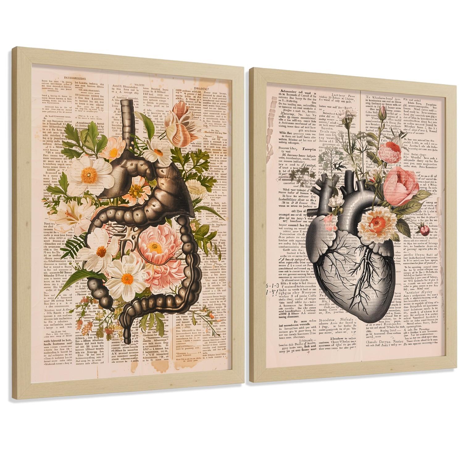 POSTER Set aus 2 Anatomie Mensch Drucke und Wandbilder mit Verdauungssystem Darm und Herz Klassisches Florales Design Größe Leichter Holzrahmen A4 - Beige, Papier (21/29.7/3cm) - Nacnic