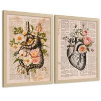 POSTER Set aus 2 Anatomie Mensch Drucke und Wandbilder mit Verdauungssystem Darm und Herz Klassisches Florales Design Größe Leichter Holzrahmen A4 - Beige, Papier (21/29.7/3cm) - Nacnic