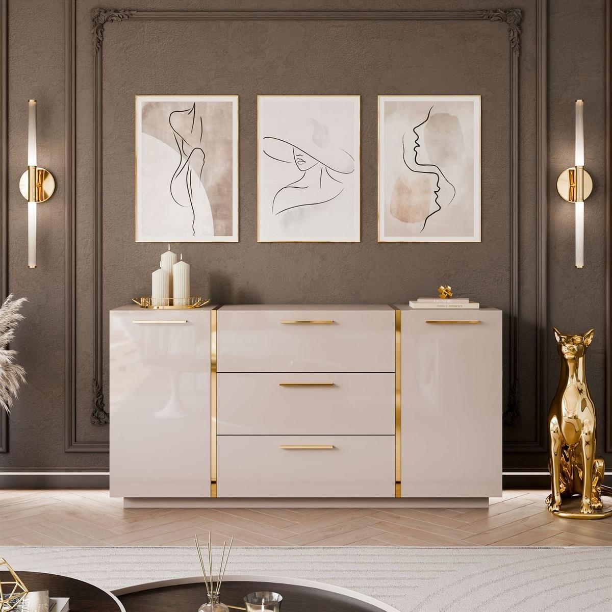 SIDEBOARD mit Schubladen ONYX Kaschmir Hochglanz - Kaschmir/Goldfarben, Holzwerkstoff (158/81/41.3cm) - Lookway