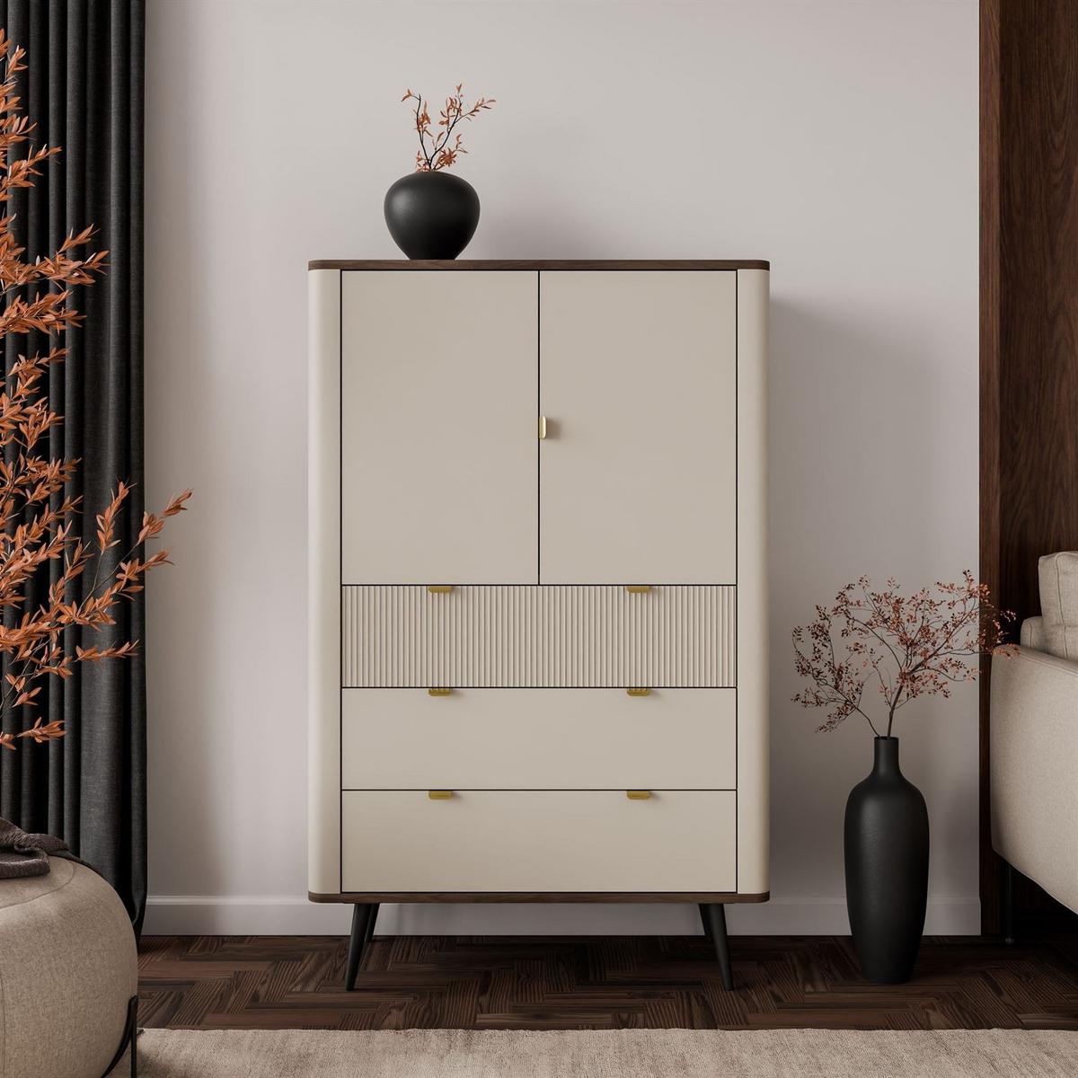 HIGHBOARD mit Schubladen AUTUMN 2D3S mit geriffelter Front, Kaschmir / Nussbaum - Beige/Braun, Holzwerkstoff (90/142/40cm) - Lookway