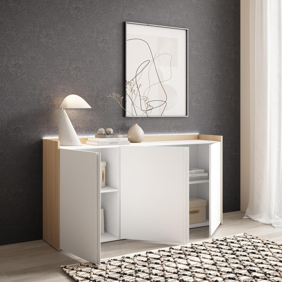 SIDEBOARD, Weiß und Eiche, 156/35/80cm, mit Led - Weiß, Holzwerkstoff (156/80/35cm) - Skraut Home