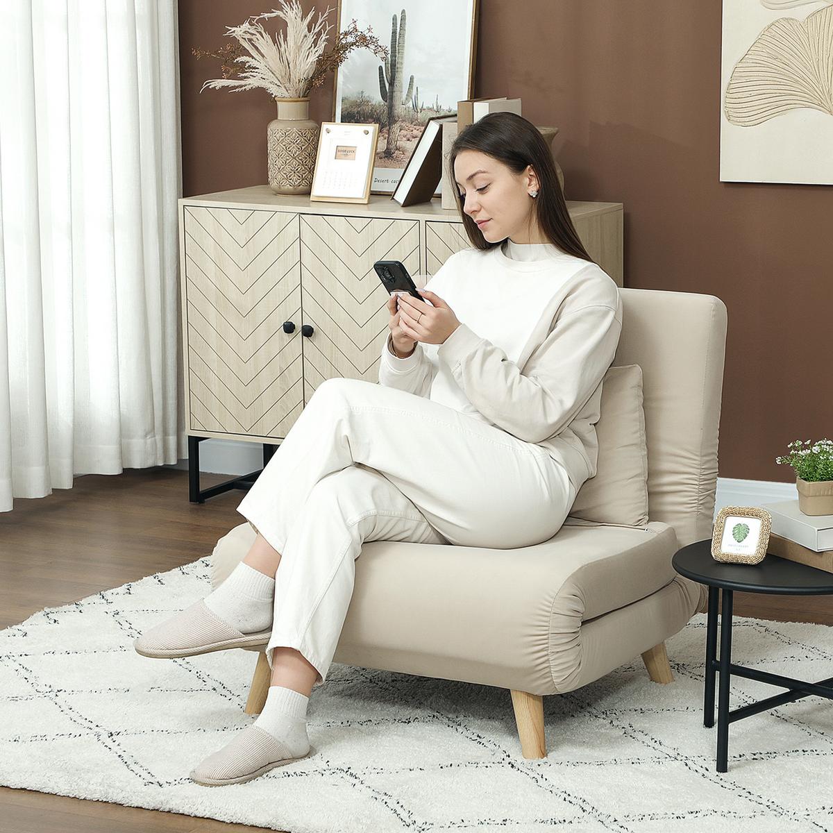 SCHLAFSESSEL, Klappsessel mit Bettfunktion, bis 120 kg belastbar, Beige - Beige/Naturfarben, Holz/Textil (78/79/72cm) - HOMCOM