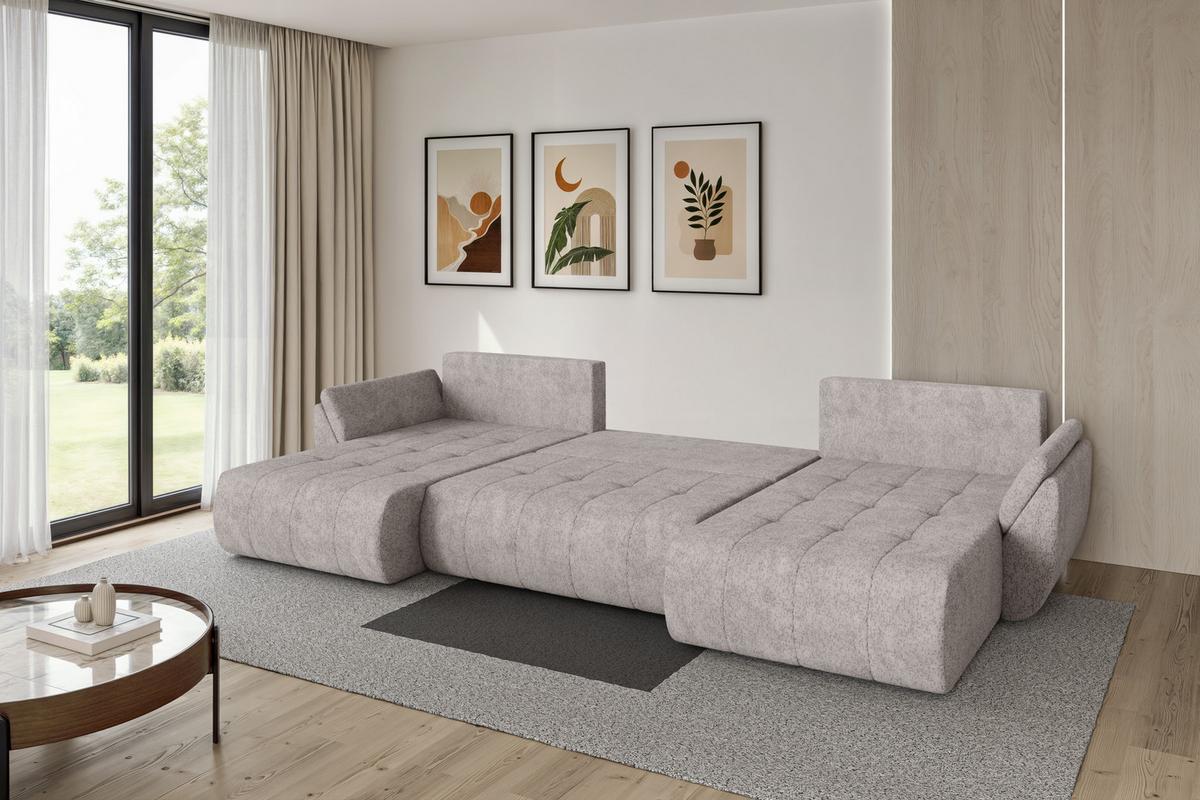 WOHNLANDSCHAFT mit Schlaffunktion und Bettkasten TOKO-U 378x194x86 Hellgrau Velours - Hellgrau/Schwarz, Holzwerkstoff/Kunststoff (378/86/194cm) - ALTDECOR