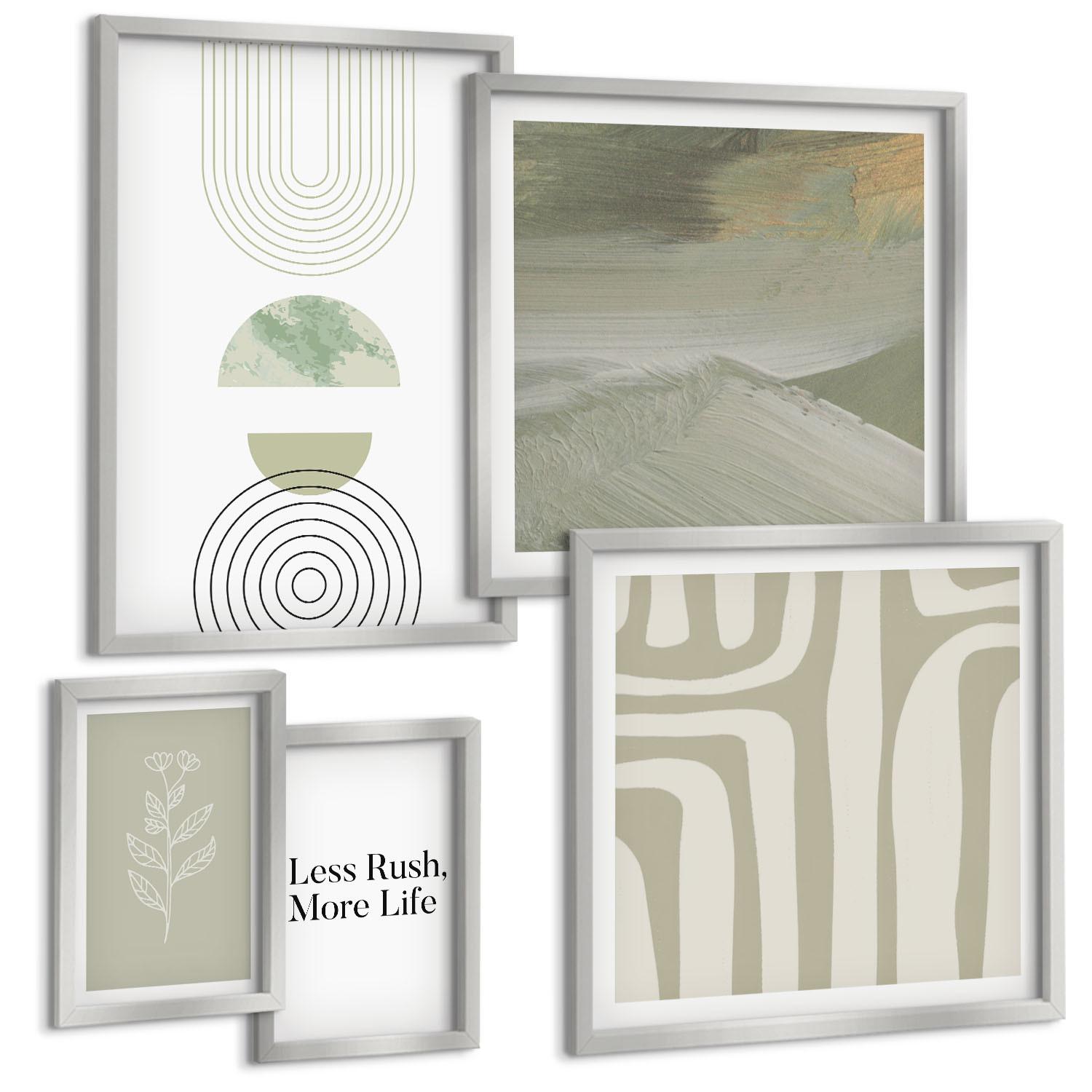 BILDER SET 5er Set - 50x50 cm & 20x30 cm & 40x60 cm Silberner Rahmen - Geometrische Pflanzenmuster - Silberfarben, Kunststoff (40/60cm) - TULUP