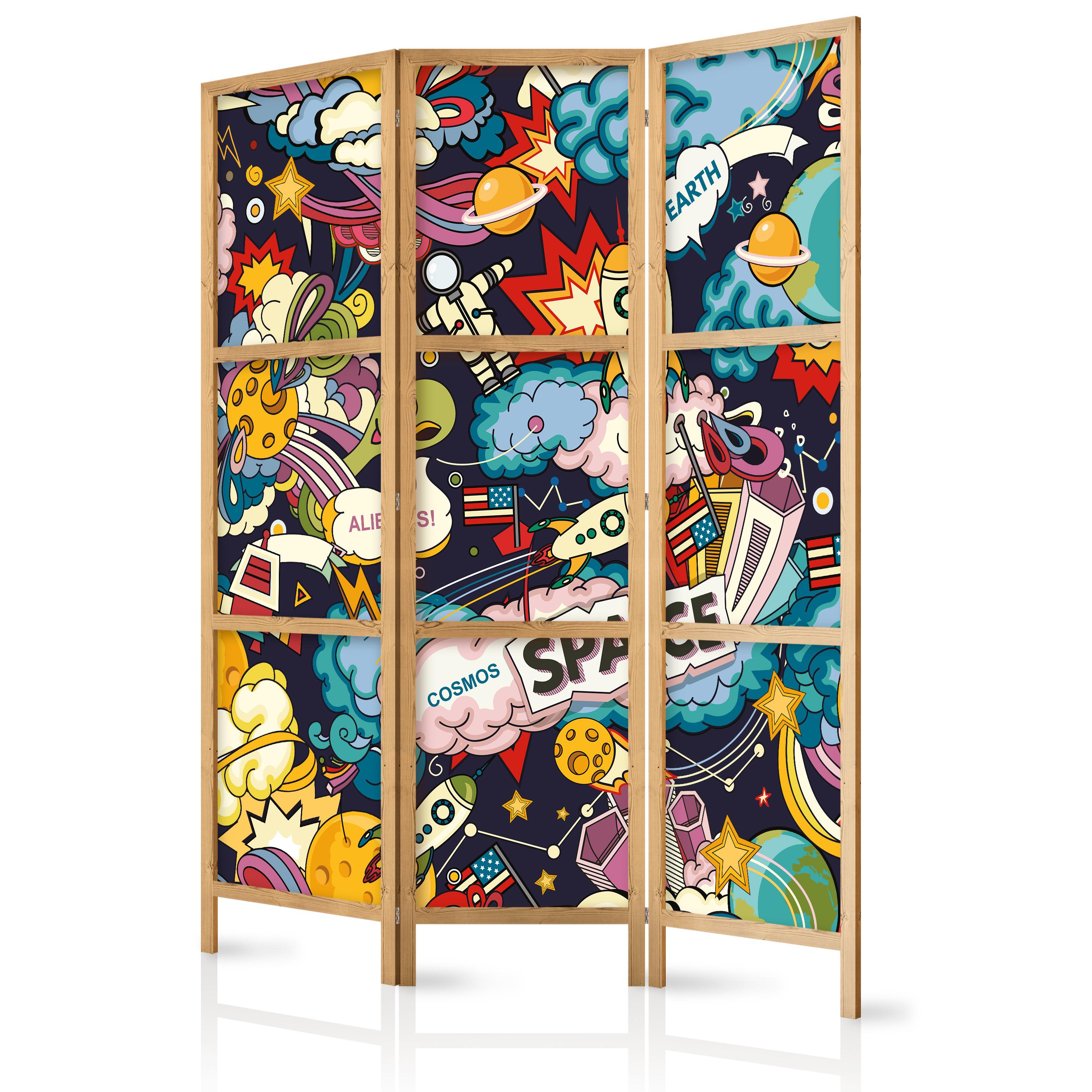 PARAVENT Japanischer 3-tlg 135x172 cm Bunter Comic-Stil - Multicolor, Holz/Textil (135/172/3cm) - Muralo