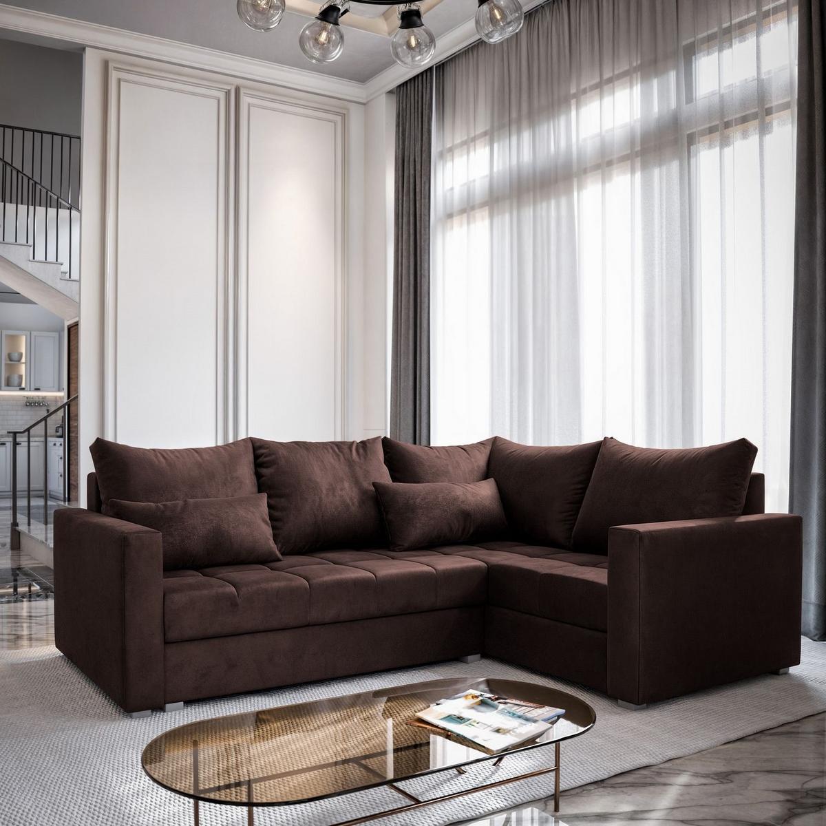 ECKSOFA LIRENO R-S Braun Plüsch-Stoff mit Schlaffunktion - Braun/Grau, Holz/Kunststoff (220/153cm) - MASSENO