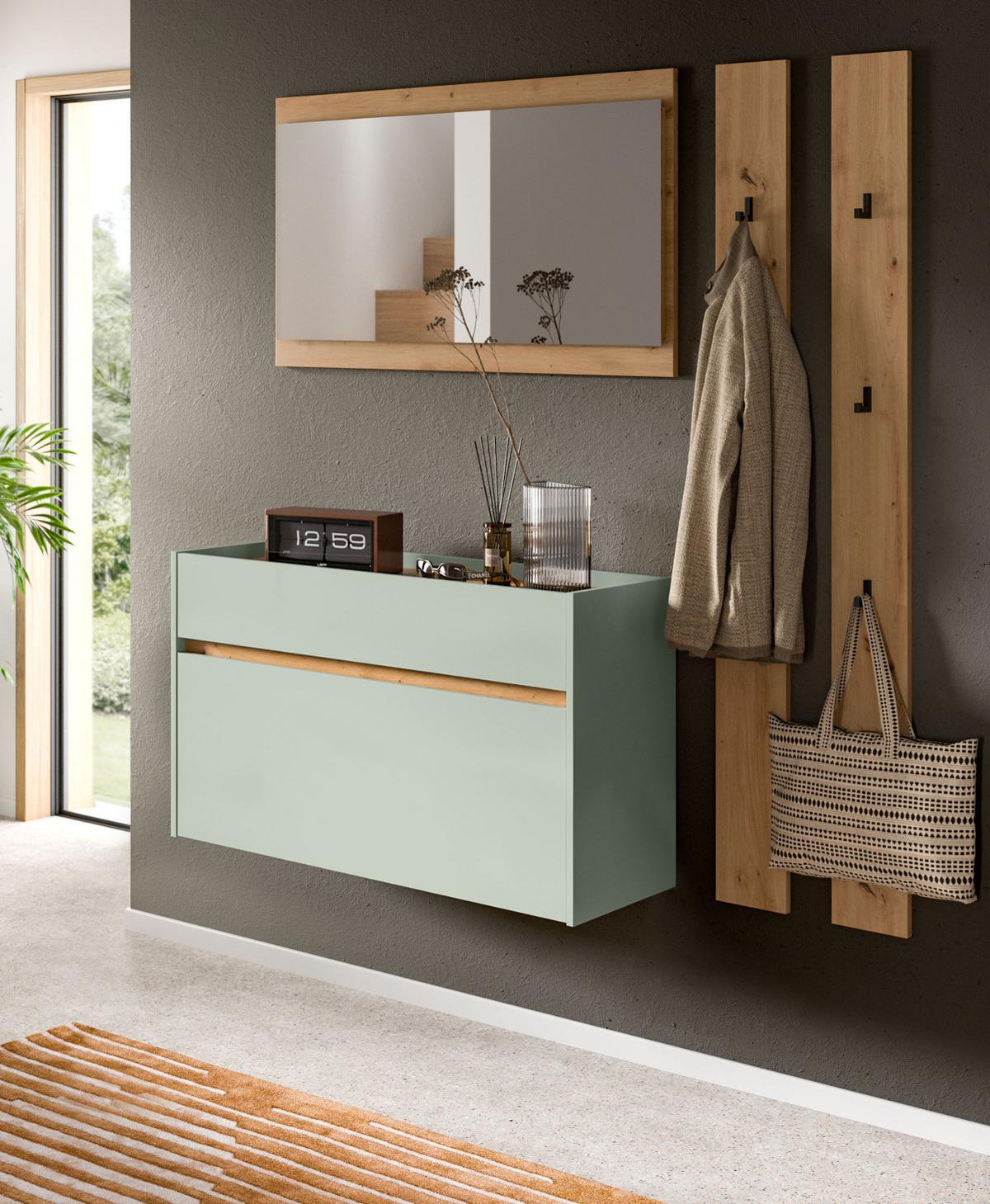 SCHUHKIPPER Salbei und Artisan Eiche, Schuhschrank hängend 110 x 61 cm, Borga - Salbeigrün/Eiche Artisan, Holzwerkstoff (110/61/32cm) - Inn.Furn