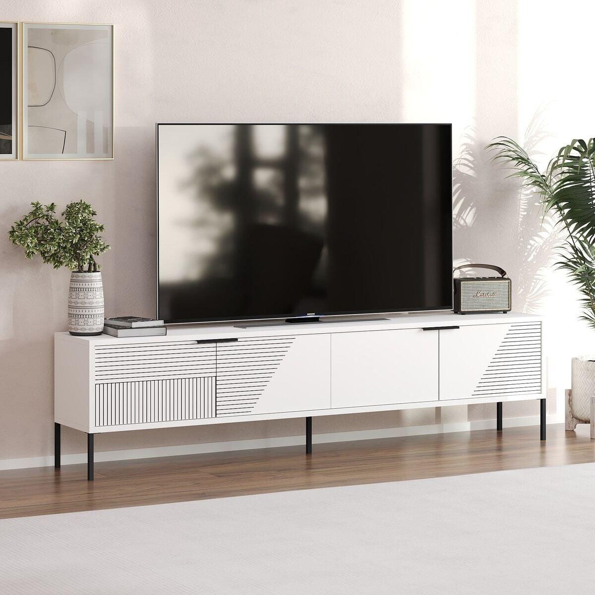 TV-MÖBEL auf Füßen mit 2 klappbaren, gerippten Türen 30/180/45 cm - Weiß, Holzwerkstoff (30/45/36cm) - Calicosy